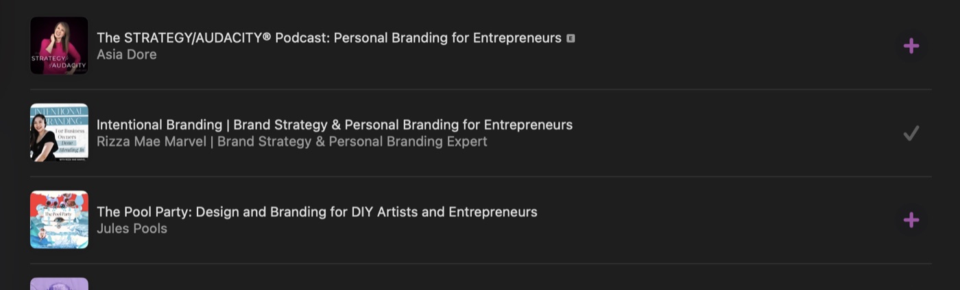 Apple Podcasts search results for branding for entrepreneurs, with Intentional Branding ranking second