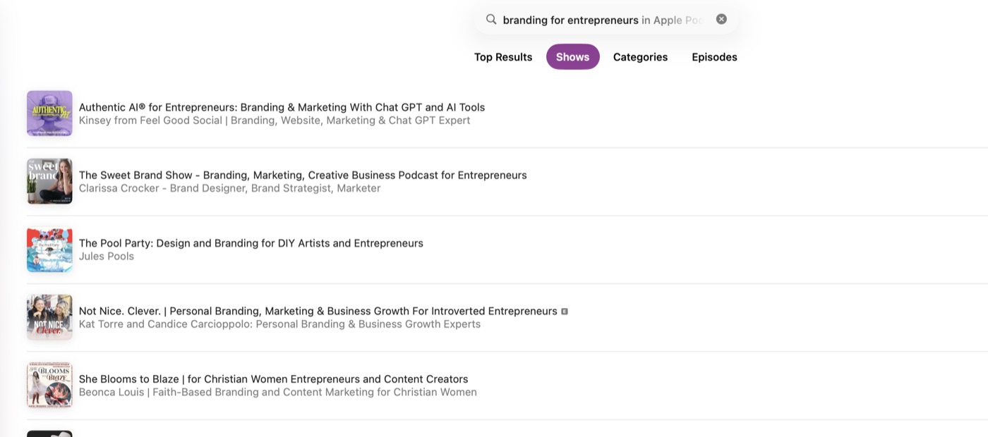 Apple Podcasts search results for branding for entrepreneurs on March 3, 2026, with Rizza's show nowhere in the results